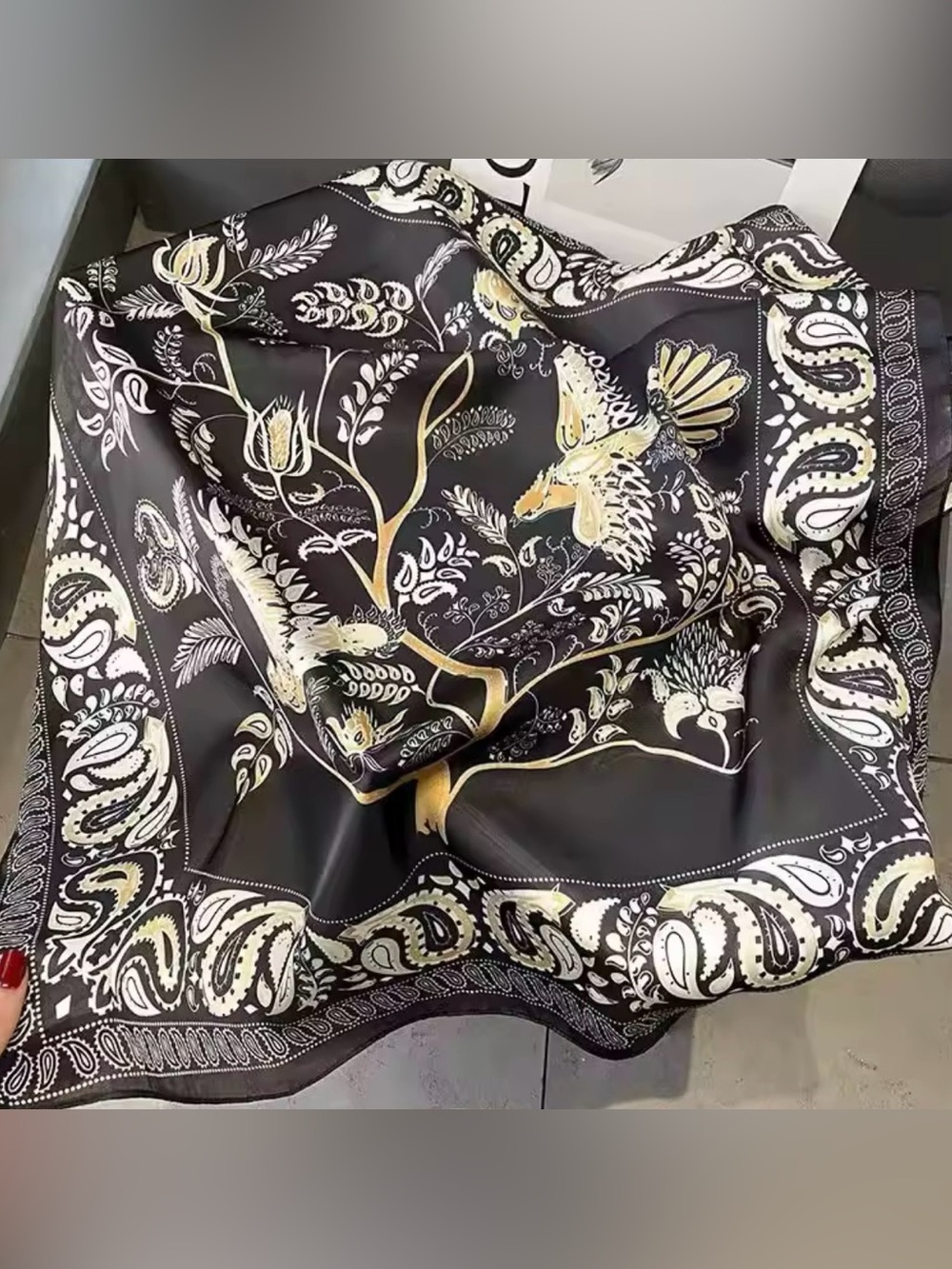 Black and Gold Floral Bird Silk-Feel Scarf